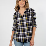 Womens Black and Gold Plaid Top