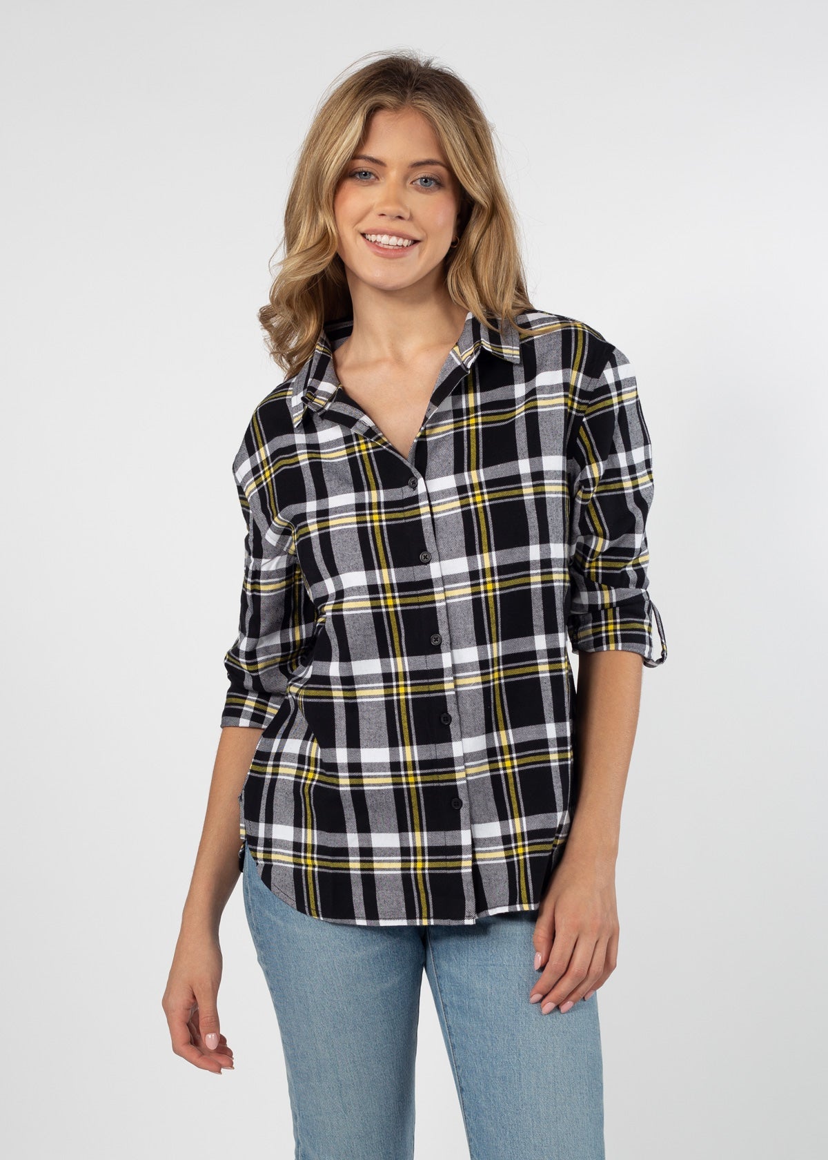 Womens Black and Gold Plaid Top