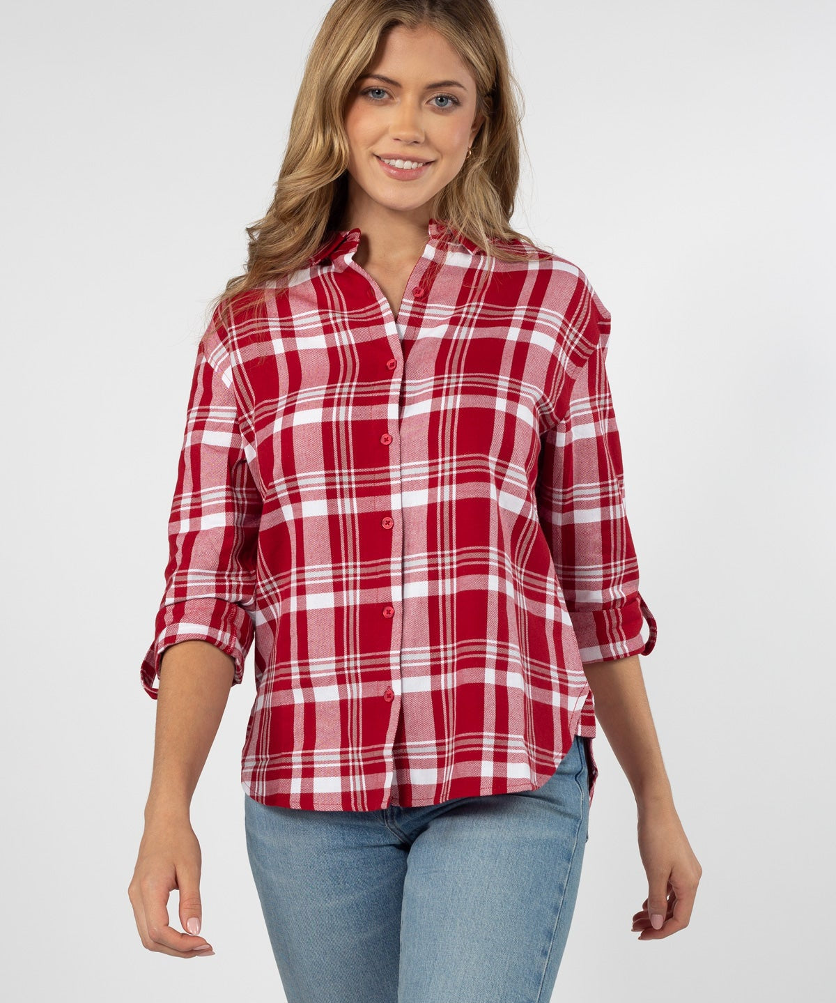 Womens Red and Grey Plaid Top