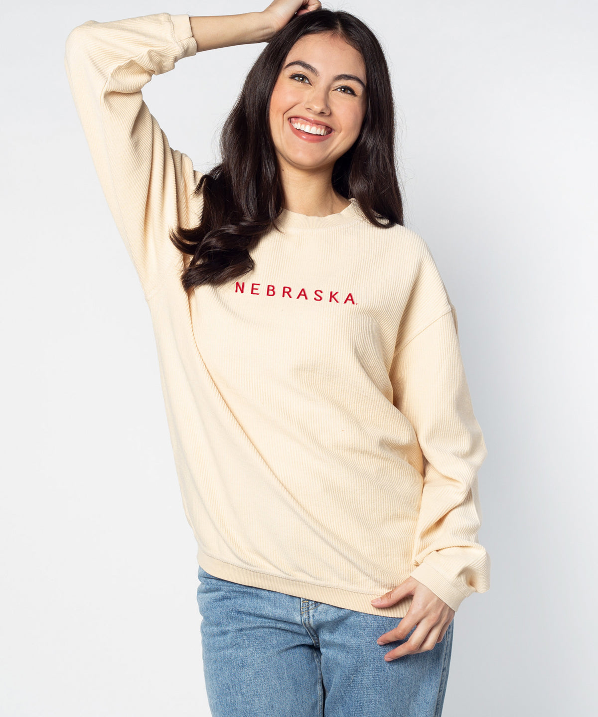 Nebraska Cornhuskers Crew Sweatshirt, Nebraska Cornhuskers Pullover, Nebraska Cornhuskers Corded, Nebraska Cornhuskers oversized corded, Nebraska Cornhuskers oversized sweatshirt, Nebraska Cornhuskers beige corded, Nebraska Cornhuskers cream sweatshirt, Nebraska Cornhuskers beige sweatshirt, Nebraska Cornhuskers Womens Apparel