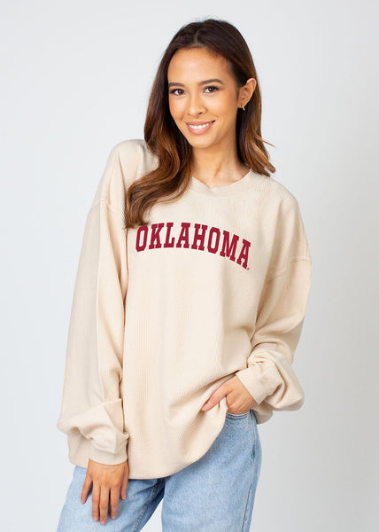 Chicka-D NCAA Oklahoma Sooners Women's Campus Crew Pullover - Oatmeal, Oversized Burnout Fleece