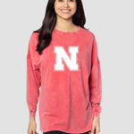 Nebraska oversized tee, Nebraska big tee, Nebraska Cornhuskers oversized top, Nebraska Cornhuskers oversized shirt, Nebraska Cornhuskers long sleeve tee, Nebraska Cornhuskers tee in red, Nebraska Cornhuskers top in red, Nebraska Cornhuskers women's clothing, Nebraska womens apparel