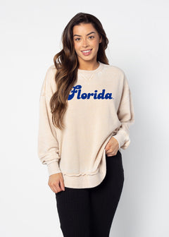 Florida Gators Women's Oatmeal Relaxed Burnout fleece Sweatshirt with crew neck, dropped shoulders and hi-lo curved hem
