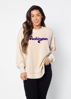 Washington Huskies Women's Oatmeal Relaxed Burnout fleece Sweatshirt with crew neck, dropped shoulders and hi-lo curved hem