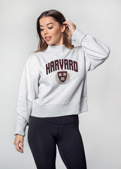 Harvard Women's Ash-Grey Relaxed, waist-length Heavyweight Fleece Sweatshirt with mock neck, drop shoulders and balloon sleeves