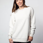 White womens crew sweatshirt with ribbed crew neck, raglan sleeves and hem.