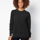 Black womens crew sweatshirt with ribbed crew neck, raglan sleeves and hem.