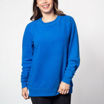 Royal blue womens crew sweatshirt with ribbed crew neck, raglan sleeves and hem.