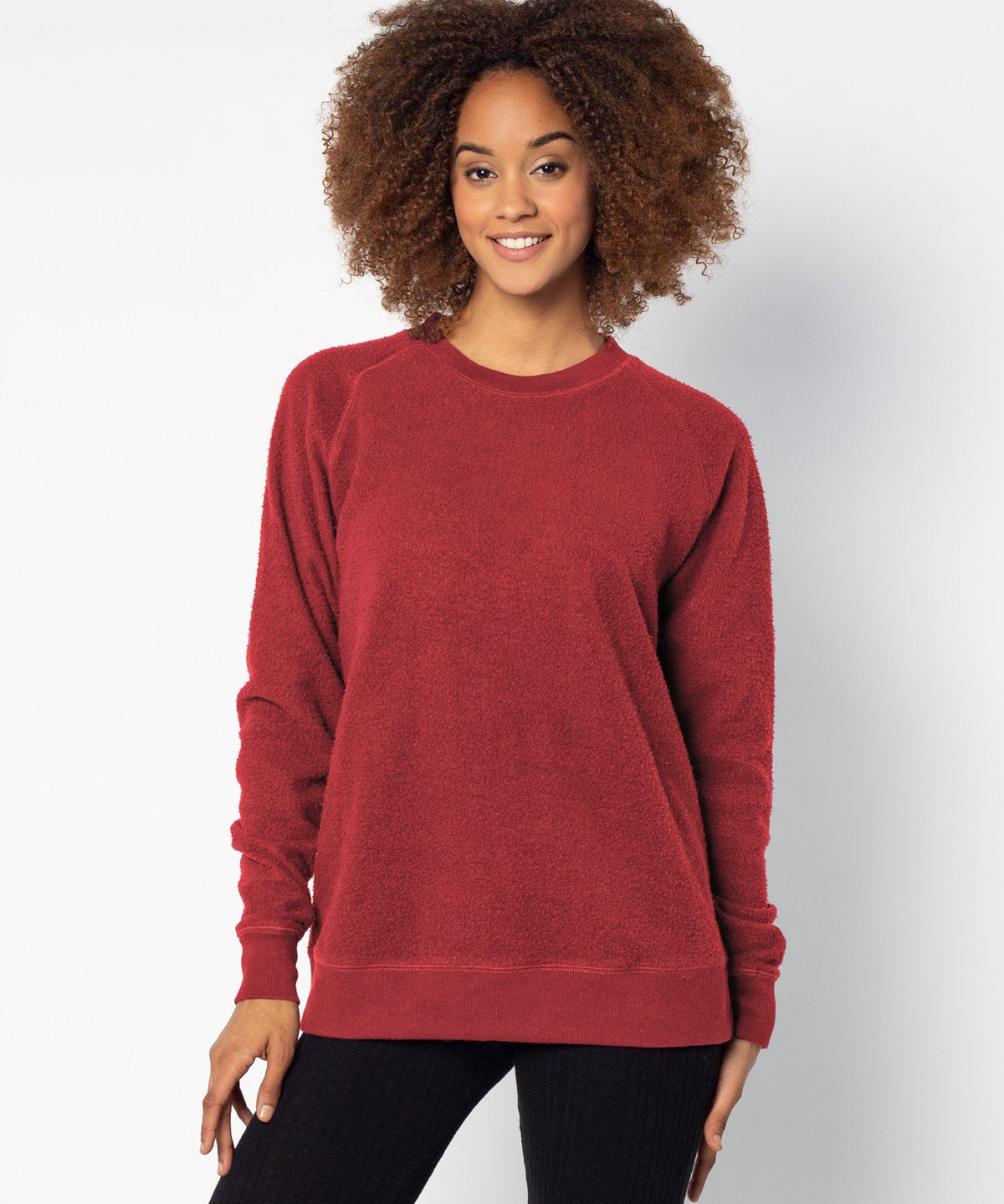 Crimson womens crew sweatshirt with ribbed crew neck, raglan sleeves and hem.