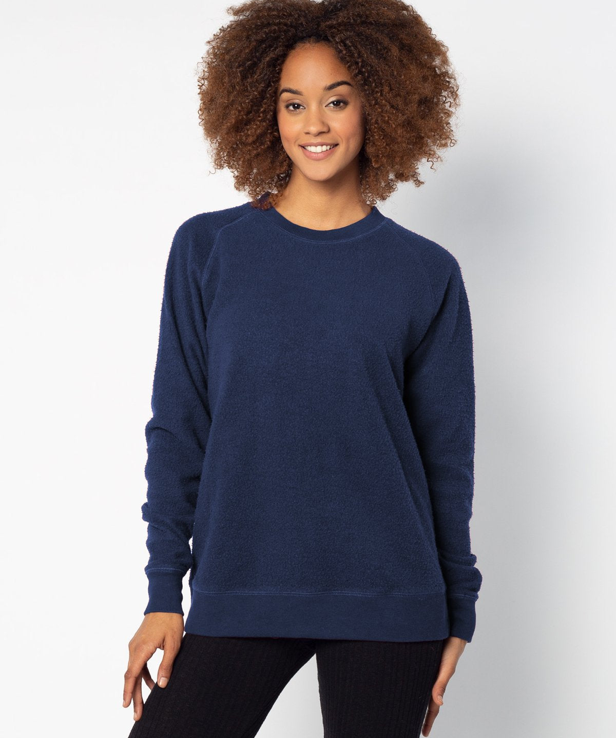 Navy womens crew sweatshirt with ribbed crew neck, raglan sleeves and hem.