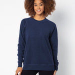 Navy womens crew sweatshirt with ribbed crew neck, raglan sleeves and hem.