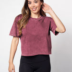 Merlot cropped short sleeve tee in a relaxed boxy silhouette with a vintage inspired wash finish.