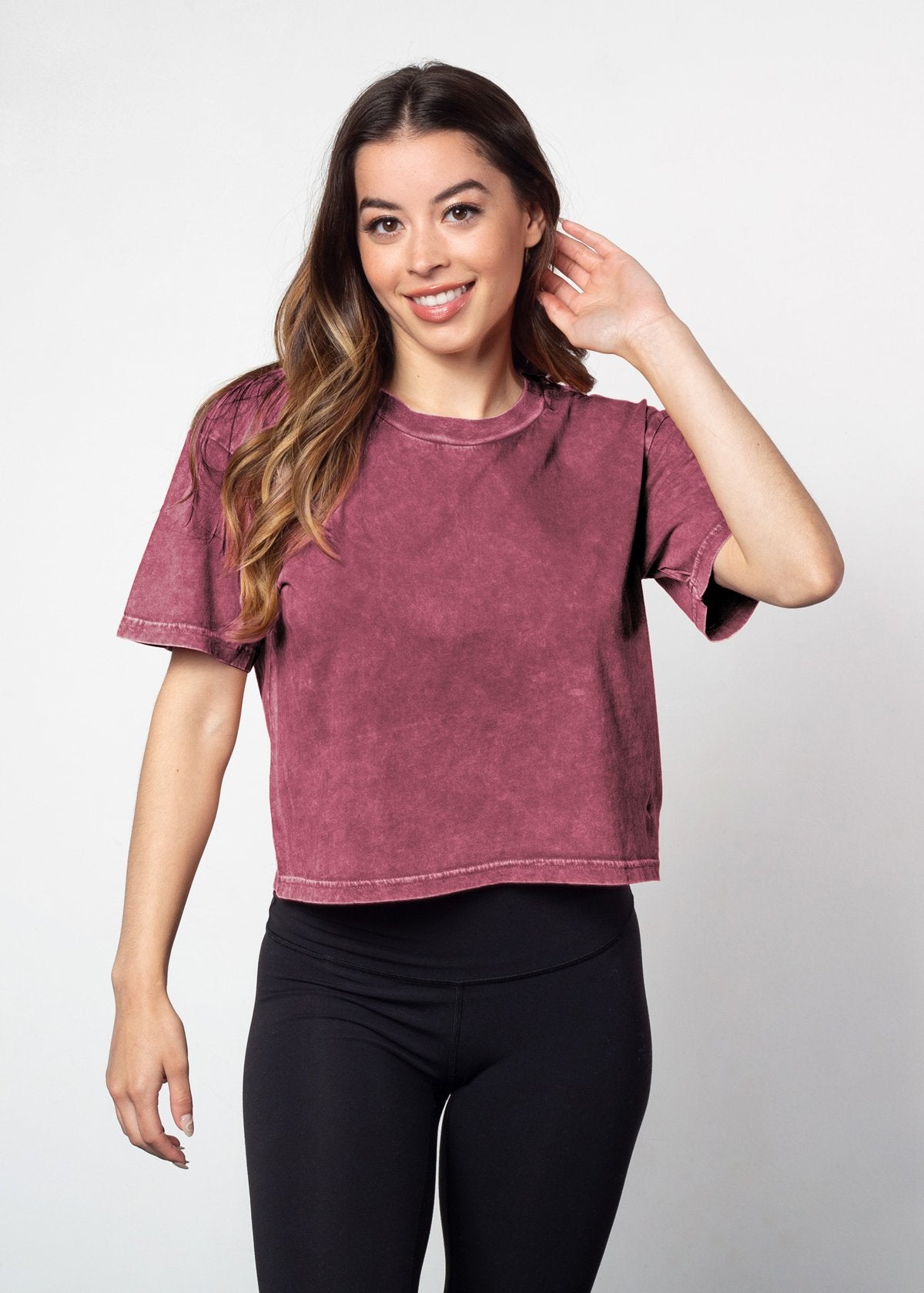 Merlot cropped short sleeve tee in a relaxed boxy silhouette with a vintage inspired wash finish.
