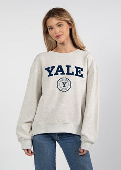 Yale Women's Ash-Grey Relaxed Heavyweight Fleece Sweatshirt with Dropped shoulders, crew neckline, back center seam and ribbed neckline, cuffs and hem